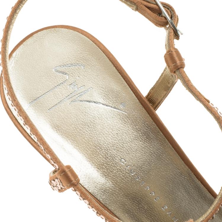 Pre Owned Giuseppe Zanotti Pink Satin Crystal Coated T-Strap Sandals Size 37
