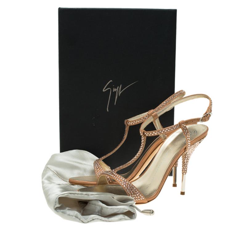 Pre Owned Giuseppe Zanotti Pink Satin Crystal Coated T-Strap Sandals Size 37