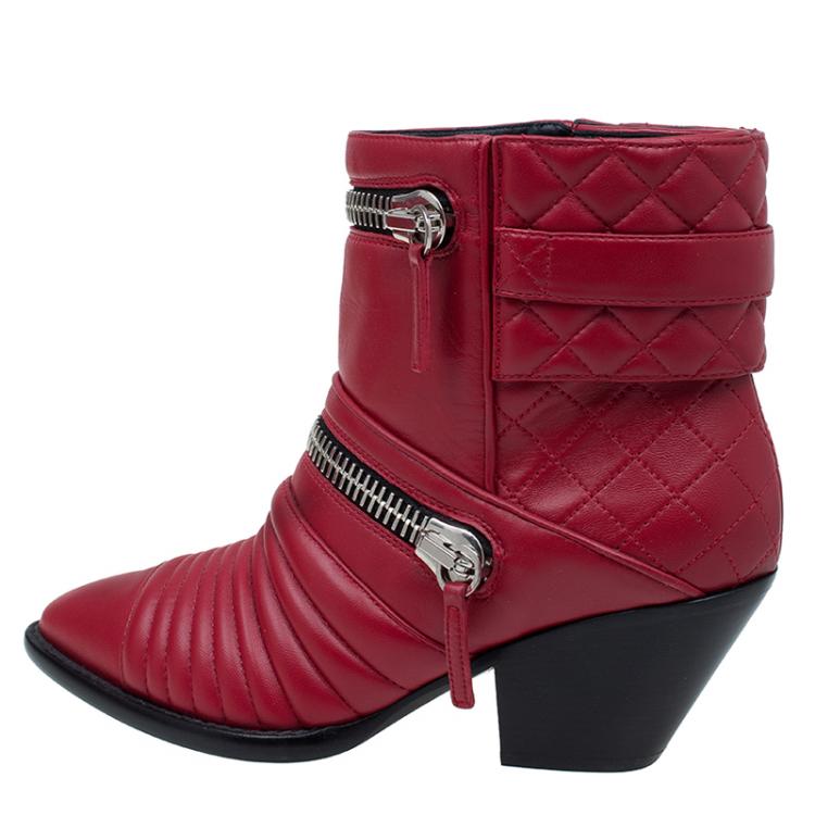 Pre Owned Giuseppe Zanotti Red Quilted Leather Ankle Boots Size 40