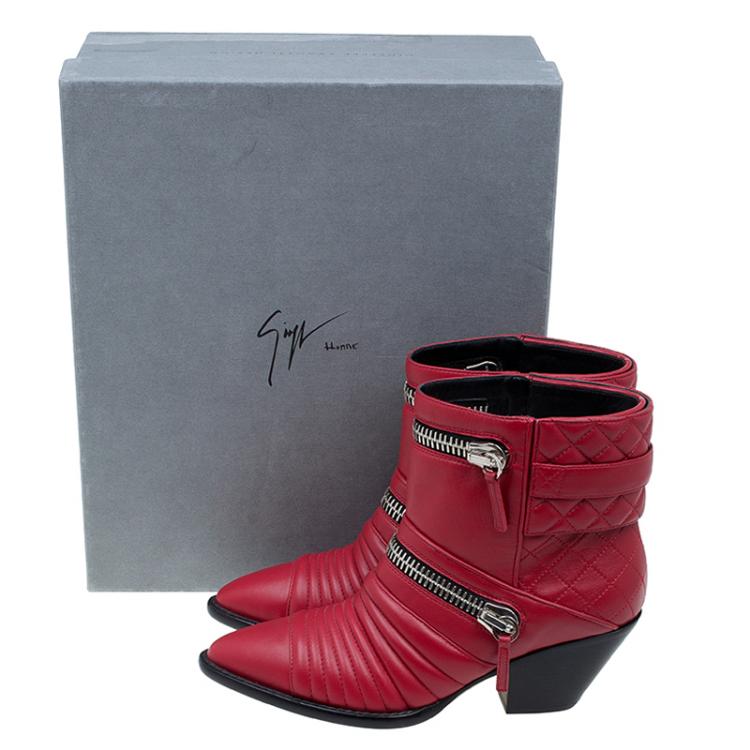 Pre Owned Giuseppe Zanotti Red Quilted Leather Ankle Boots Size 40
