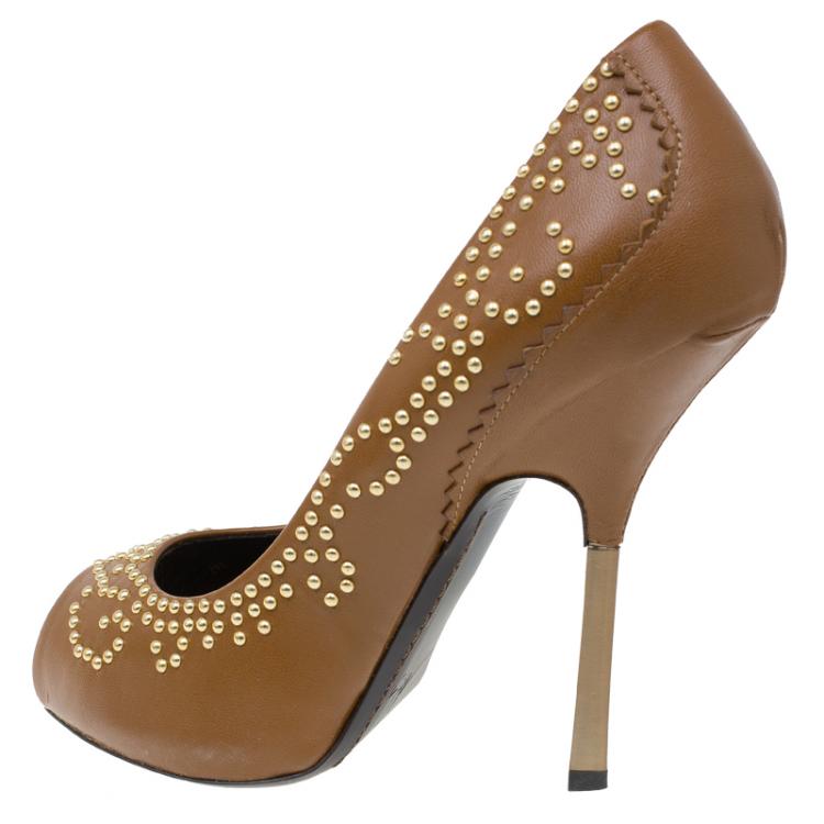Pre Owned Giuseppe Zanotti Brown Studded Leather Peep Toe Pumps Size 39