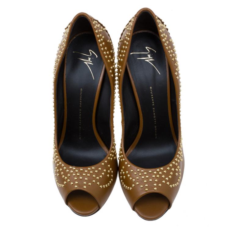 Pre Owned Giuseppe Zanotti Brown Studded Leather Peep Toe Pumps Size 39