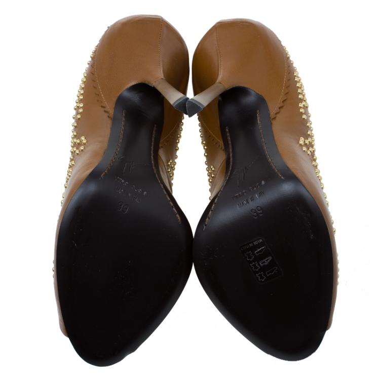 Pre Owned Giuseppe Zanotti Brown Studded Leather Peep Toe Pumps Size 39