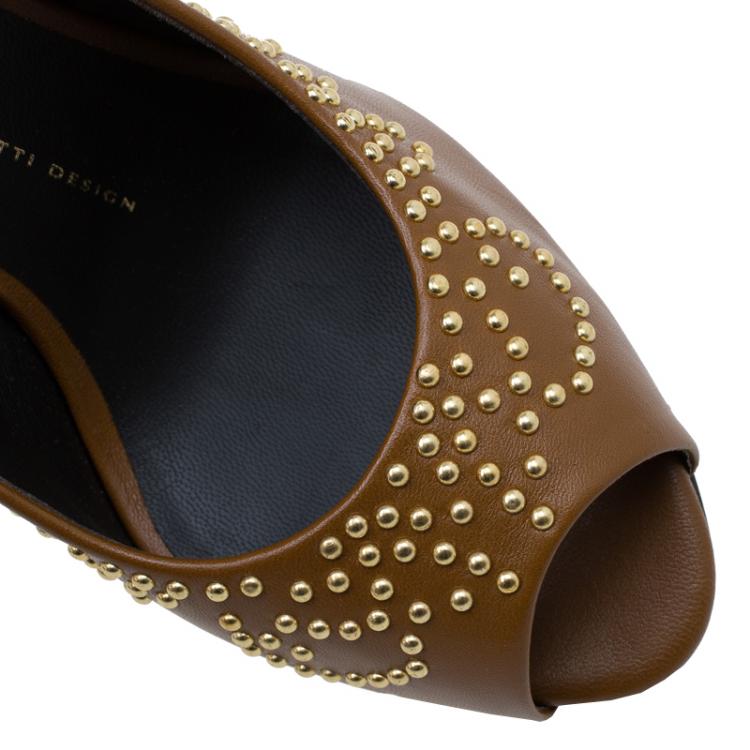 Pre Owned Giuseppe Zanotti Brown Studded Leather Peep Toe Pumps Size 39
