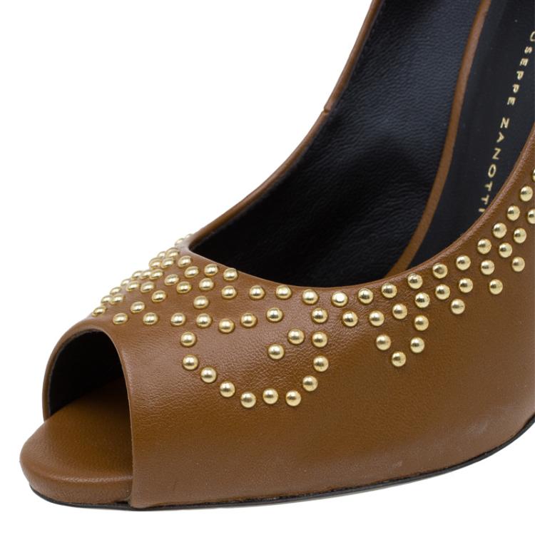 Pre Owned Giuseppe Zanotti Brown Studded Leather Peep Toe Pumps Size 39