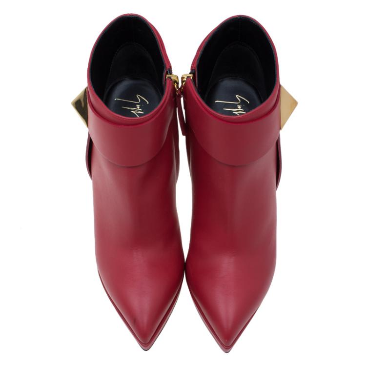 Pre Owned Giuseppe Zanotti Red Leather Pyramid Stud Platform Ankle Boots Size 39