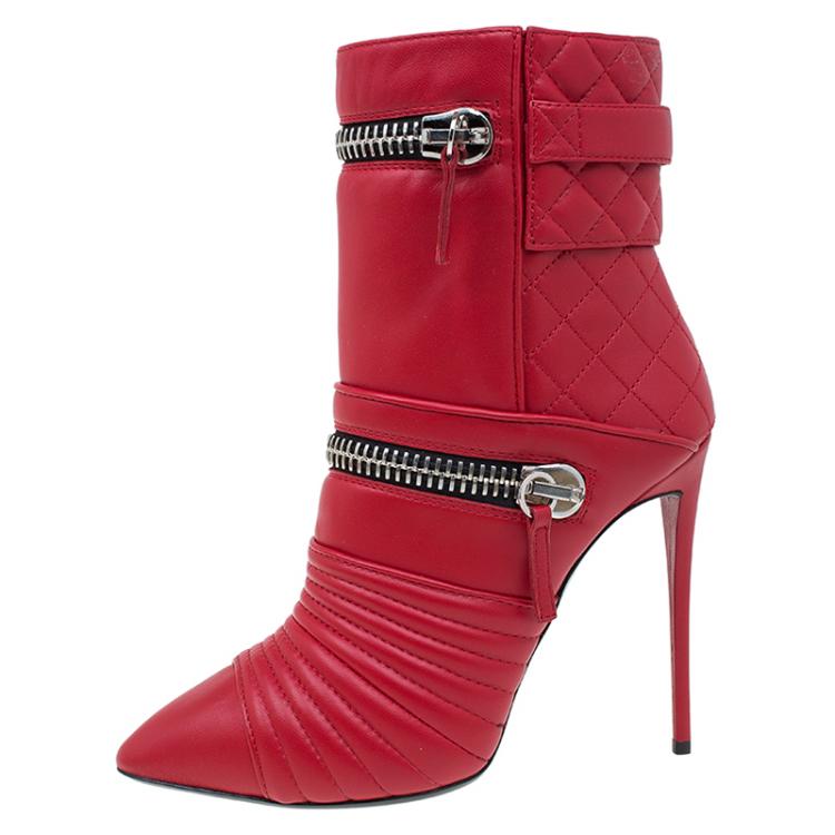Pre Owned Giuseppe Zanotti Red Quilted Leather Double Zip Accent Boots Size 38.5