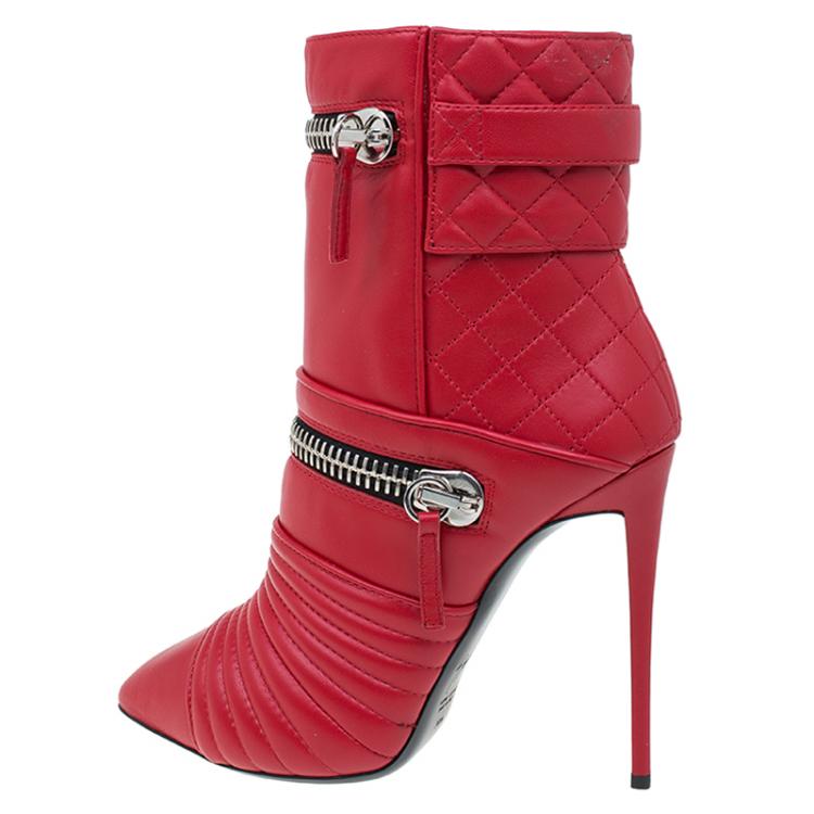Pre Owned Giuseppe Zanotti Red Quilted Leather Double Zip Accent Boots Size 38.5