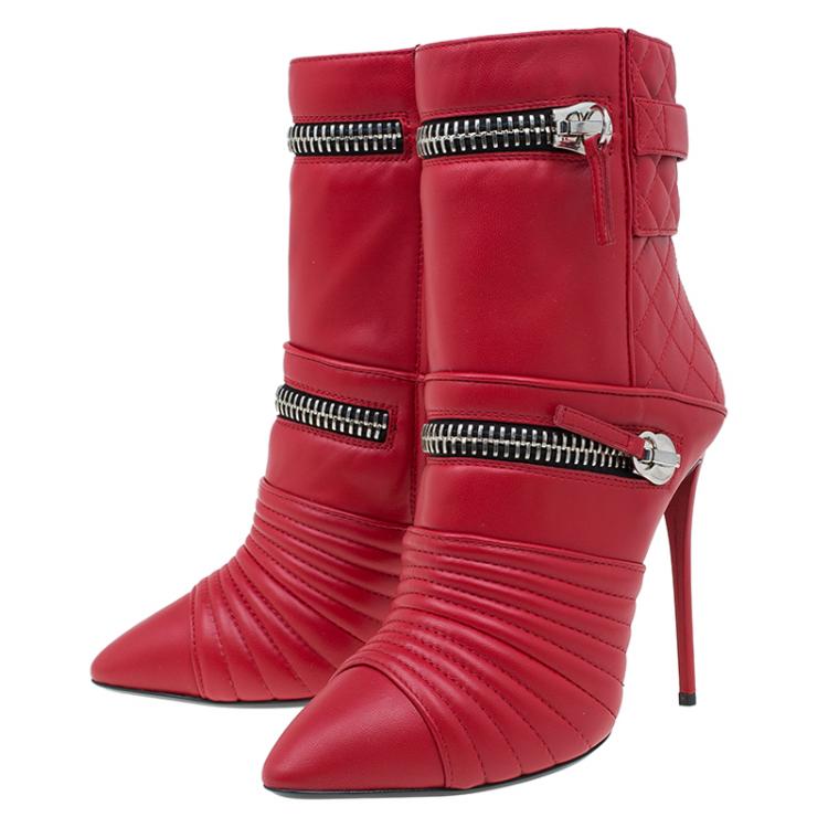 Pre Owned Giuseppe Zanotti Red Quilted Leather Double Zip Accent Boots Size 38.5