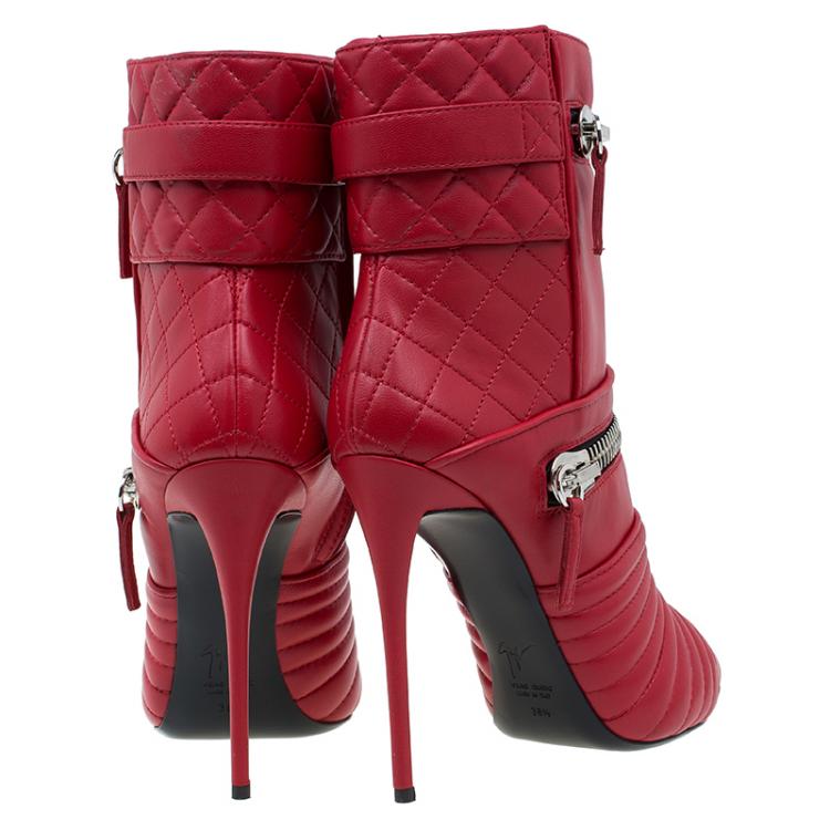 Pre Owned Giuseppe Zanotti Red Quilted Leather Double Zip Accent Boots Size 38.5