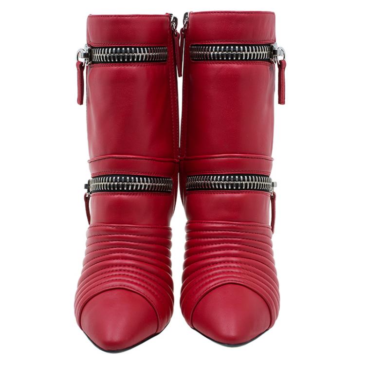 Pre Owned Giuseppe Zanotti Red Quilted Leather Double Zip Accent Boots Size 38.5