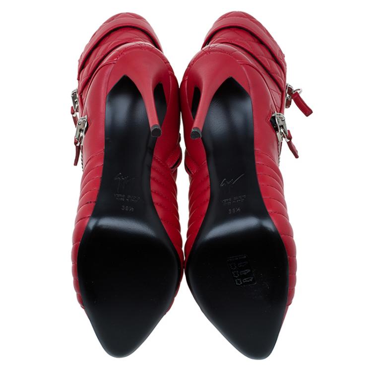 Pre Owned Giuseppe Zanotti Red Quilted Leather Double Zip Accent Boots Size 38.5