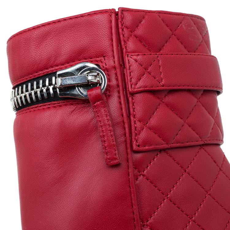 Pre Owned Giuseppe Zanotti Red Quilted Leather Double Zip Accent Boots Size 38.5