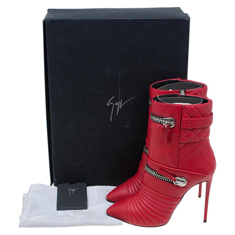 Pre Owned Giuseppe Zanotti Red Quilted Leather Double Zip Accent Boots Size 38.5