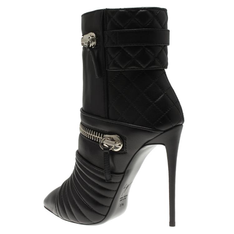 Pre Owned Giuseppe Zanotti Black Quilted Leather Olinda Zipper Detail Ankle Boots Size 37.5