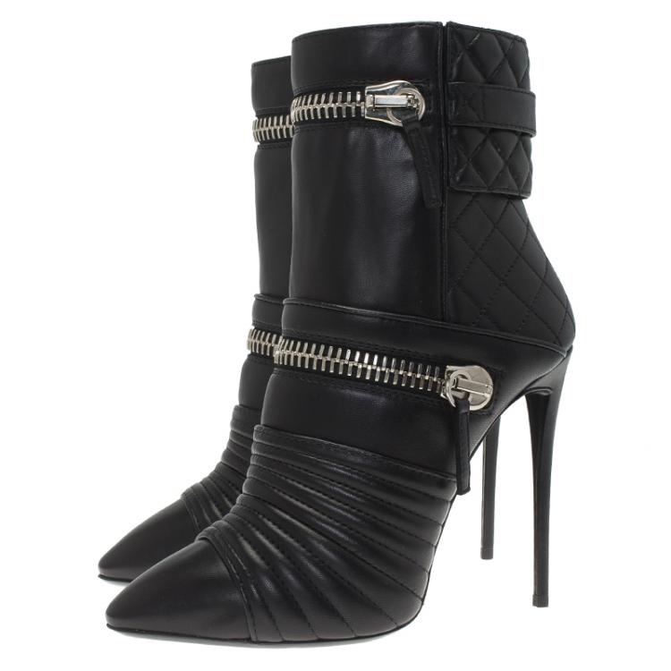 Pre Owned Giuseppe Zanotti Black Quilted Leather Olinda Zipper Detail Ankle Boots Size 37.5
