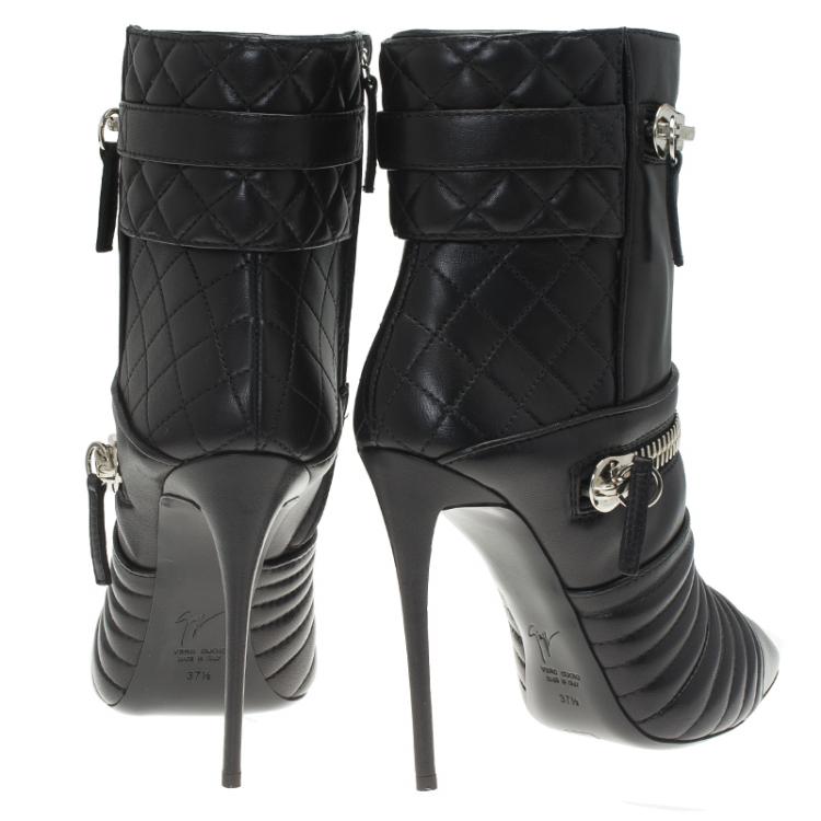 Pre Owned Giuseppe Zanotti Black Quilted Leather Olinda Zipper Detail Ankle Boots Size 37.5