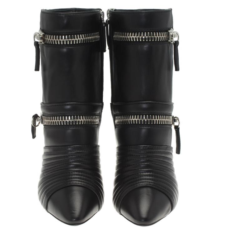 Pre Owned Giuseppe Zanotti Black Quilted Leather Olinda Zipper Detail Ankle Boots Size 37.5