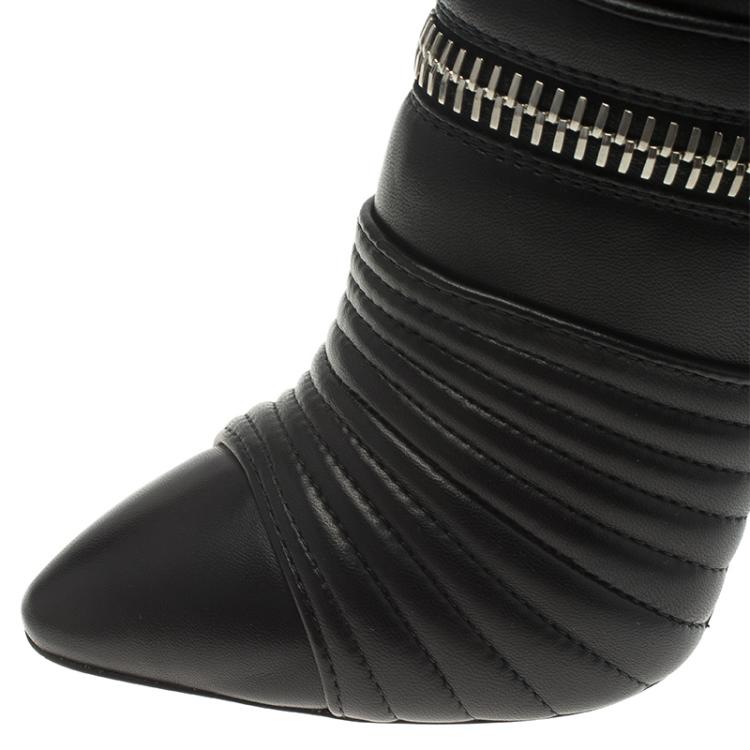 Pre Owned Giuseppe Zanotti Black Quilted Leather Olinda Zipper Detail Ankle Boots Size 37.5