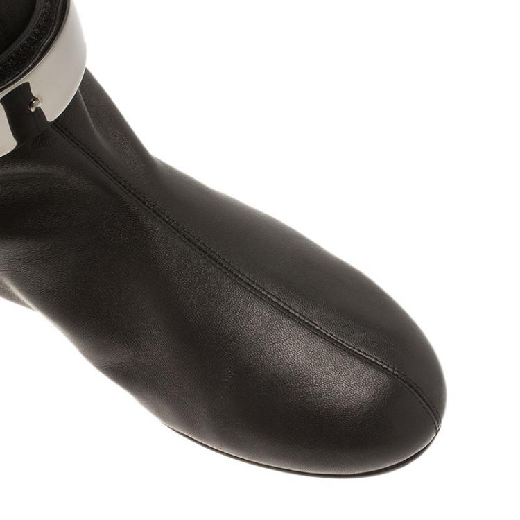 Pre Owned Giuseppe Zanotti Black Leather Logo Plaque Flat Over the Knee Boots Size 41