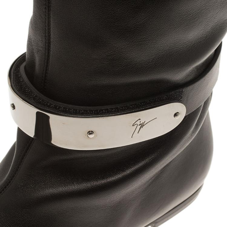 Pre Owned Giuseppe Zanotti Black Leather Logo Plaque Flat Over the Knee Boots Size 41