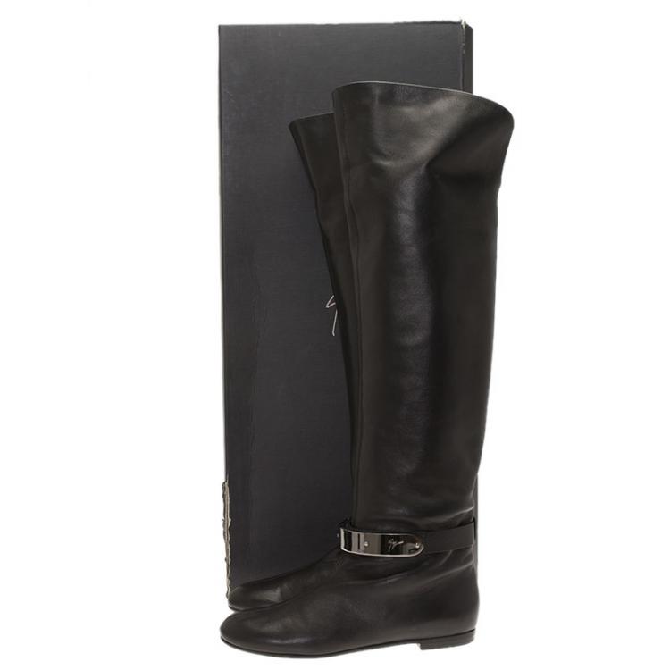 Pre Owned Giuseppe Zanotti Black Leather Logo Plaque Flat Over the Knee Boots Size 41