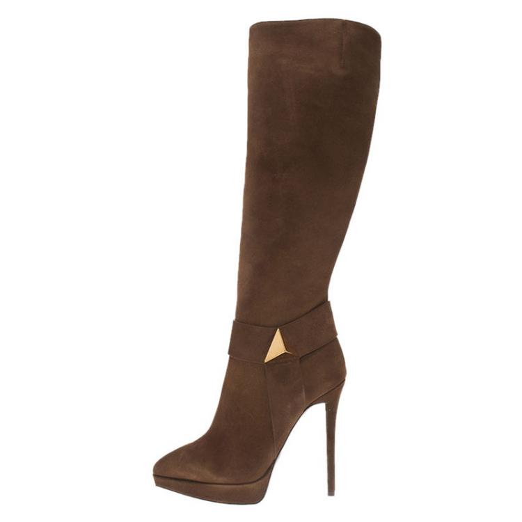 Pre Owned Giuseppe Zanotti Brown Suede Pyramid Stud Platform Knee Boots Size 37.5
