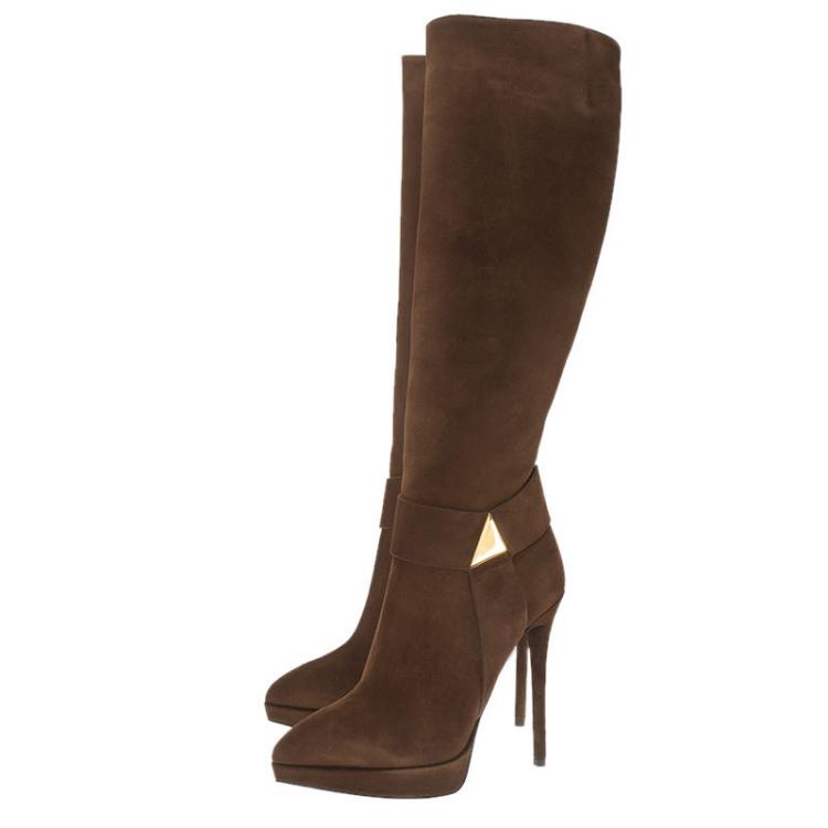 Pre Owned Giuseppe Zanotti Brown Suede Pyramid Stud Platform Knee Boots Size 37.5