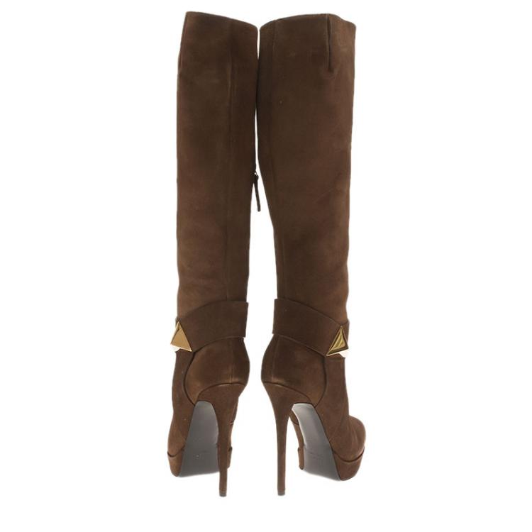 Pre Owned Giuseppe Zanotti Brown Suede Pyramid Stud Platform Knee Boots Size 37.5