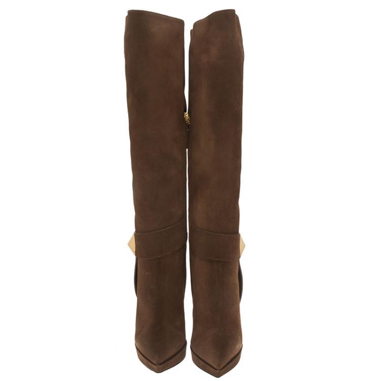 Pre Owned Giuseppe Zanotti Brown Suede Pyramid Stud Platform Knee Boots Size 37.5