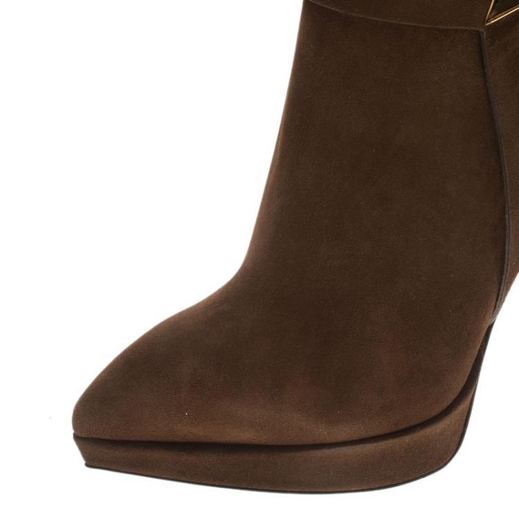 Pre Owned Giuseppe Zanotti Brown Suede Pyramid Stud Platform Knee Boots Size 37.5