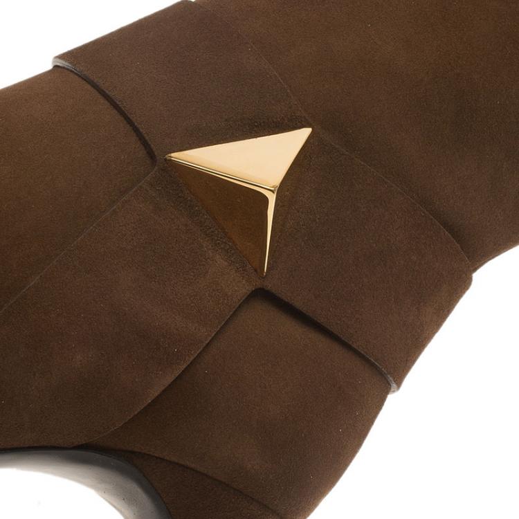 Pre Owned Giuseppe Zanotti Brown Suede Pyramid Stud Platform Knee Boots Size 37.5