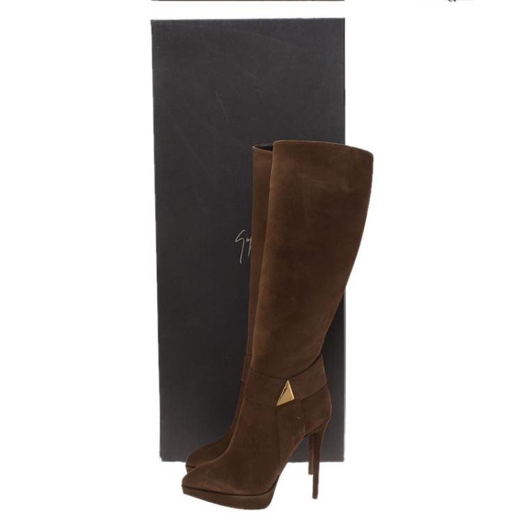 Pre Owned Giuseppe Zanotti Brown Suede Pyramid Stud Platform Knee Boots Size 37.5