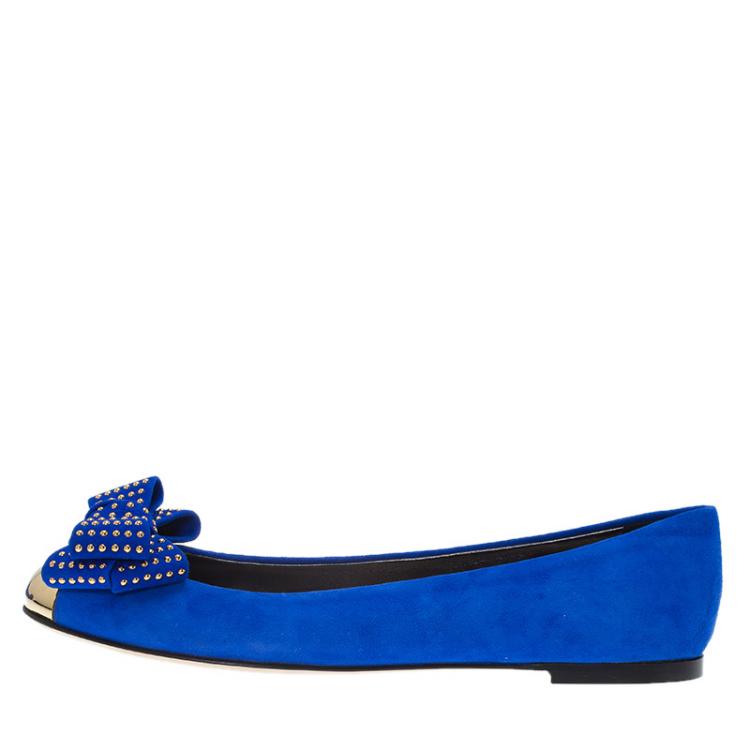 Pre Owned Giuseppe Zanotti Blue Suede and Gold Cap Toe Studded Bow Ballet Flats Size 38.5