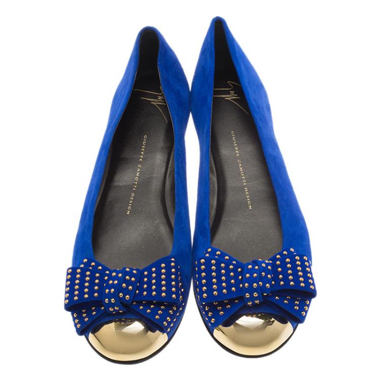Pre Owned Giuseppe Zanotti Blue Suede and Gold Cap Toe Studded Bow Ballet Flats Size 38.5