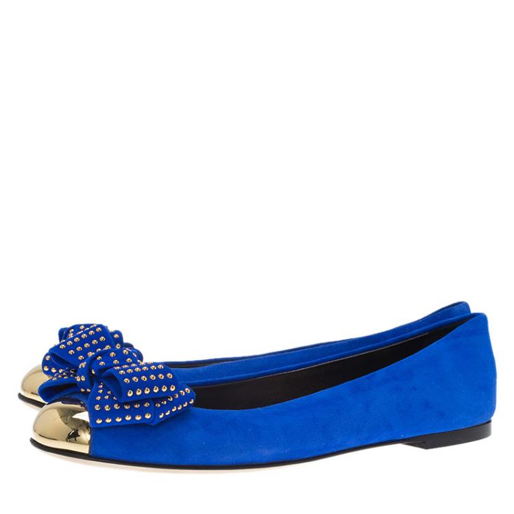 Pre Owned Giuseppe Zanotti Blue Suede and Gold Cap Toe Studded Bow Ballet Flats Size 38.5