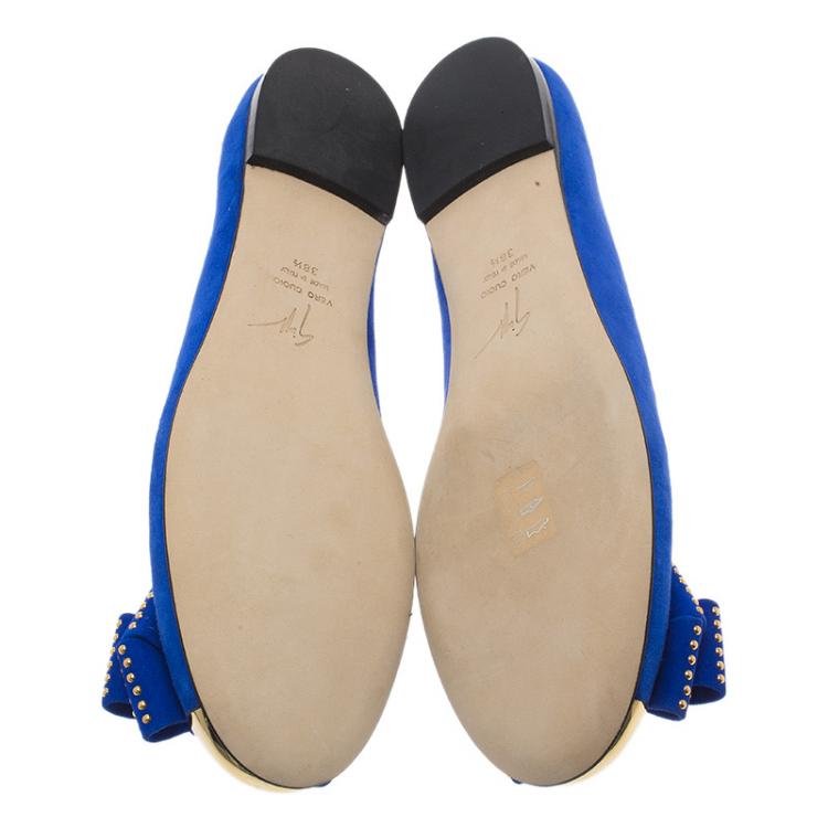 Pre Owned Giuseppe Zanotti Blue Suede and Gold Cap Toe Studded Bow Ballet Flats Size 38.5