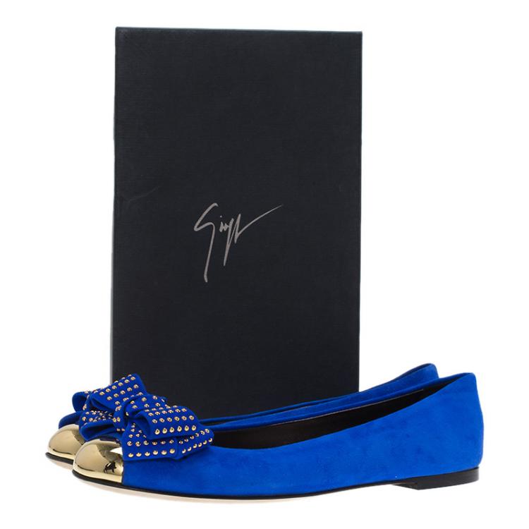 Pre Owned Giuseppe Zanotti Blue Suede and Gold Cap Toe Studded Bow Ballet Flats Size 38.5