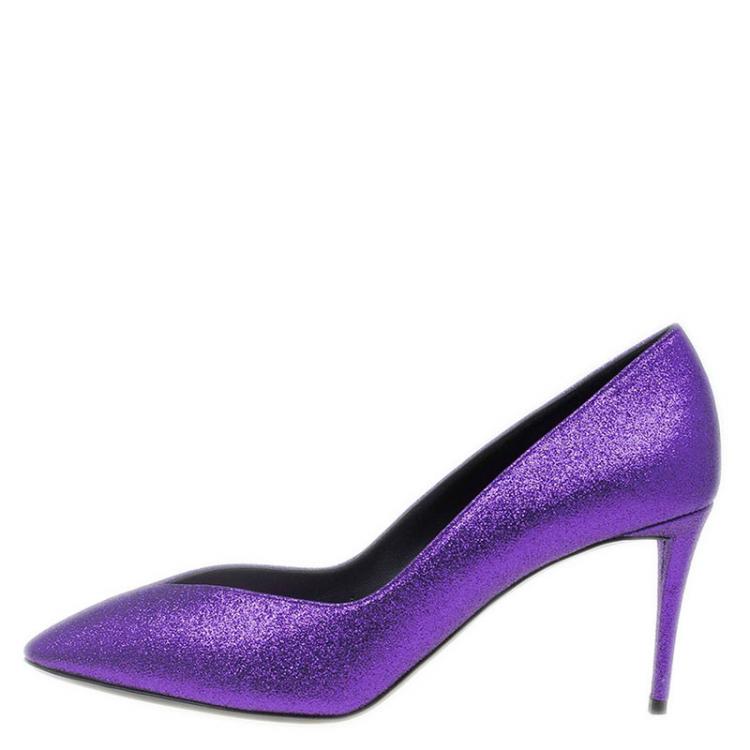 Pre Owned Giuseppe Zanotti Purple Glitter Olinda V Throat Pumps Size 38.5