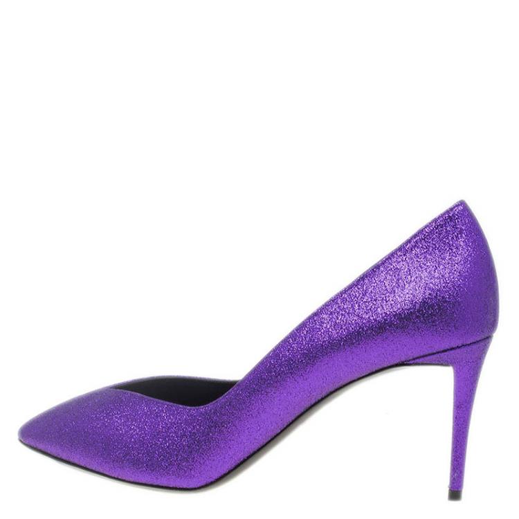 Pre Owned Giuseppe Zanotti Purple Glitter Olinda V Throat Pumps Size 38.5