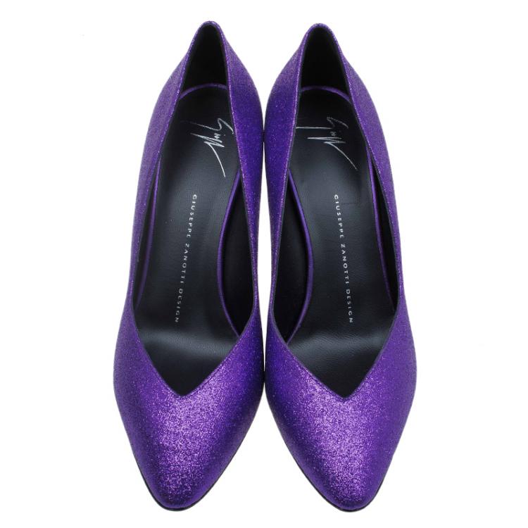 Pre Owned Giuseppe Zanotti Purple Glitter Olinda V Throat Pumps Size 38.5