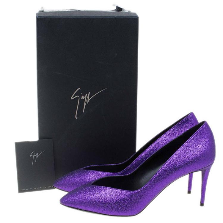 Pre Owned Giuseppe Zanotti Purple Glitter Olinda V Throat Pumps Size 38.5