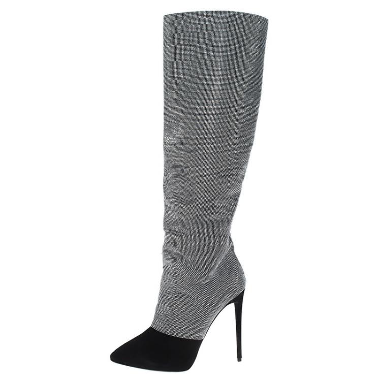 مملوكة مسبقًا Giuseppe Zanotti Black and Silver Embellished Suede Knee Boots Size 38.5