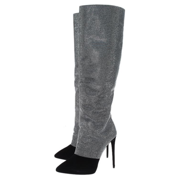 مملوكة مسبقًا Giuseppe Zanotti Black and Silver Embellished Suede Knee Boots Size 38.5