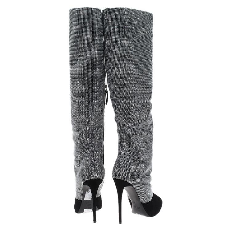 مملوكة مسبقًا Giuseppe Zanotti Black and Silver Embellished Suede Knee Boots Size 38.5