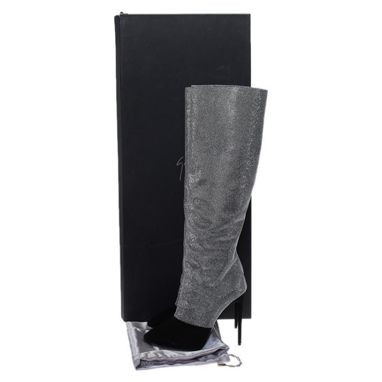مملوكة مسبقًا Giuseppe Zanotti Black and Silver Embellished Suede Knee Boots Size 38.5