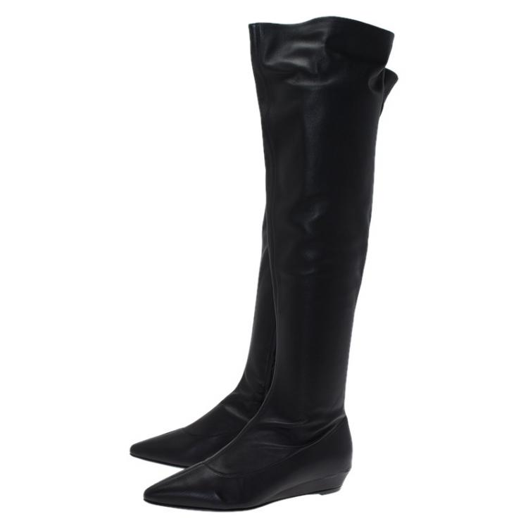 Pre Owned Giuseppe Zanotti Black Leather Pointed Wedge Over the Knee Boots Size 38