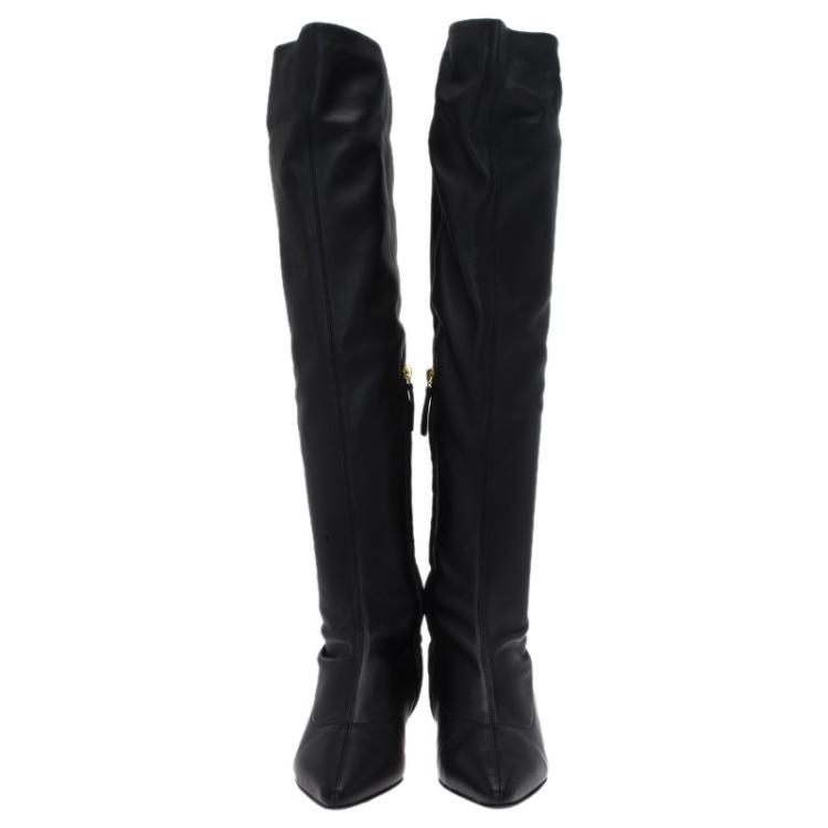 Pre Owned Giuseppe Zanotti Black Leather Pointed Wedge Over the Knee Boots Size 38