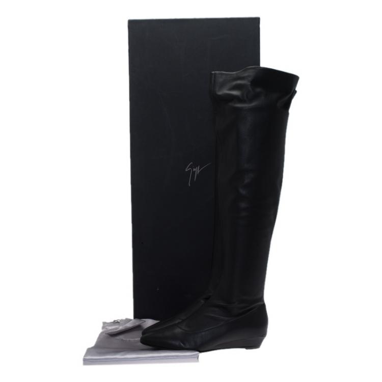 Pre Owned Giuseppe Zanotti Black Leather Pointed Wedge Over the Knee Boots Size 38