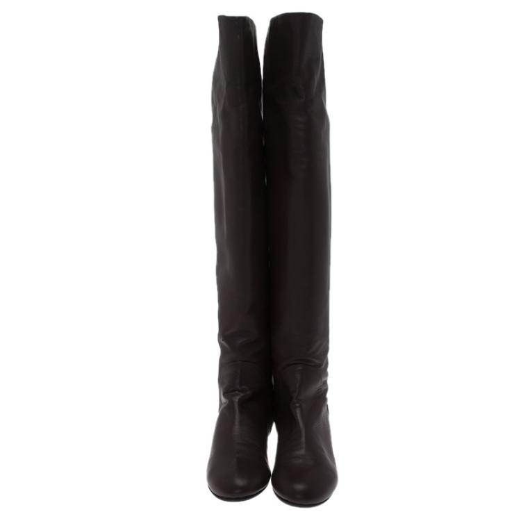 Pre Owned Giuseppe Zanotti Brown Leather Flat Over the Knee Boots Size 41